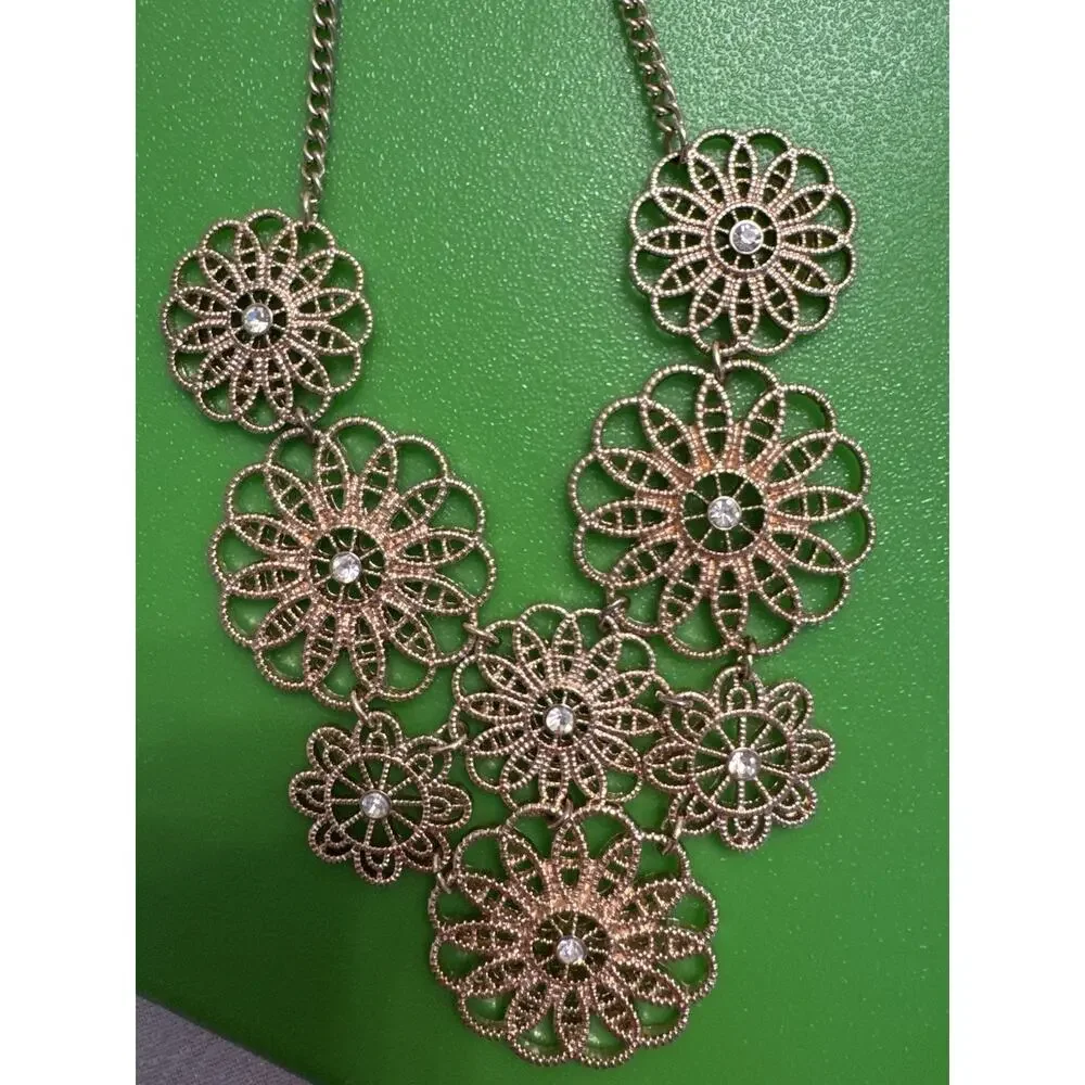 Flower Statement Necklace Daisy Gold Costume Jewelry Rhinestone Y2K Glam